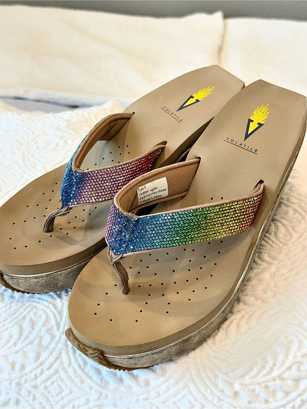 Skechers Rhinestone Wedge Sandals Gold Blue US 8 Like New